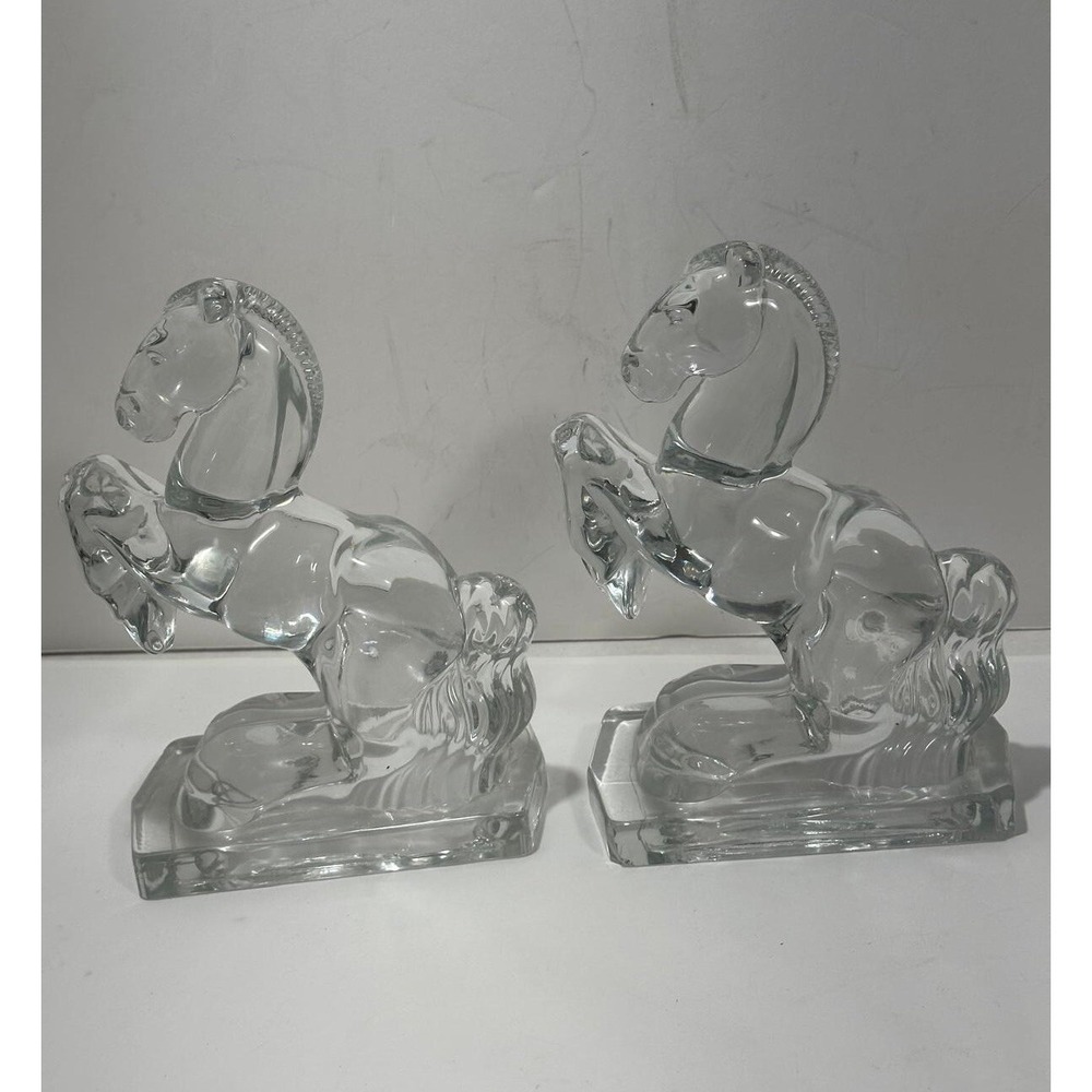 Vintage Clear Glass Pair of 8" HEAVY Rearing Horse Bookends - Picture 6 of 11